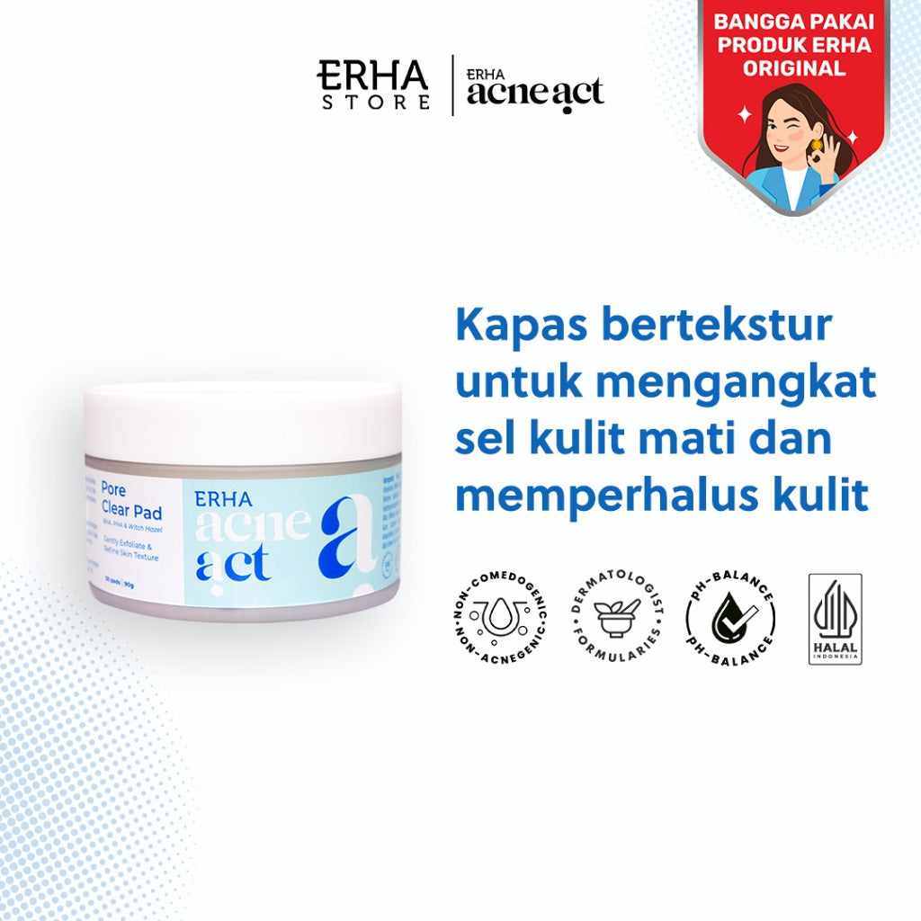 ERHA Acneact Pore Clear Pad 90g - Kapas Eksfoliasi Wajah Berjerawat | AHA, BHA, PHA