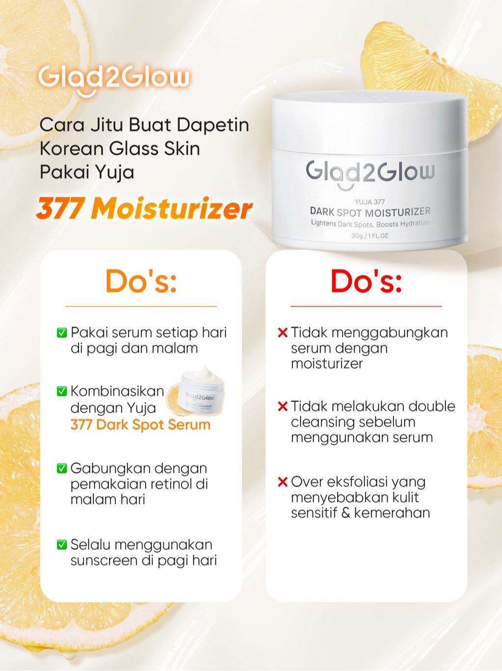 Glad2Glow Yuja Symwhite 377 Dark Spot Moisturizer menghilangkan bekas jerawat brightening night cream day cream Hilangkan Flek & Tenangkan Kulit Skincare Pelembab Esensi Wajah Perawatan Kulit Pelembab Wajah Pembersih day cream tone up g2g official store