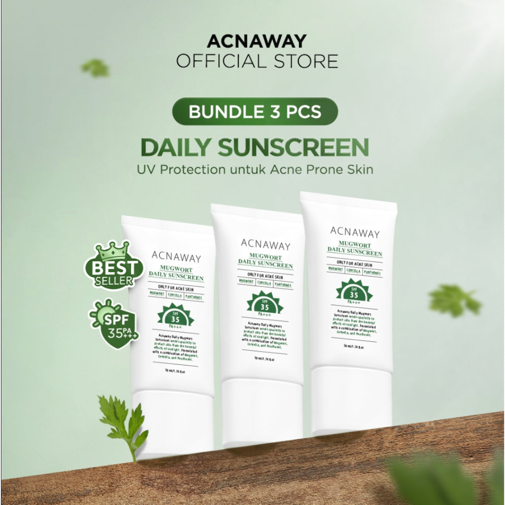 ACNAWAY Mugwort Daily Sunscreen SPF 35 PA+++ – Sunscreen Wajah Ringan UV Protection Lightweight No Whitecase No Comedogenic Acne Calming Tabir Surya Cepat Menyerap untuk Kulit Berjerawat Melembapkan & Melindungi Kulit Berjerawat Cocok Semua Jenis Kulit