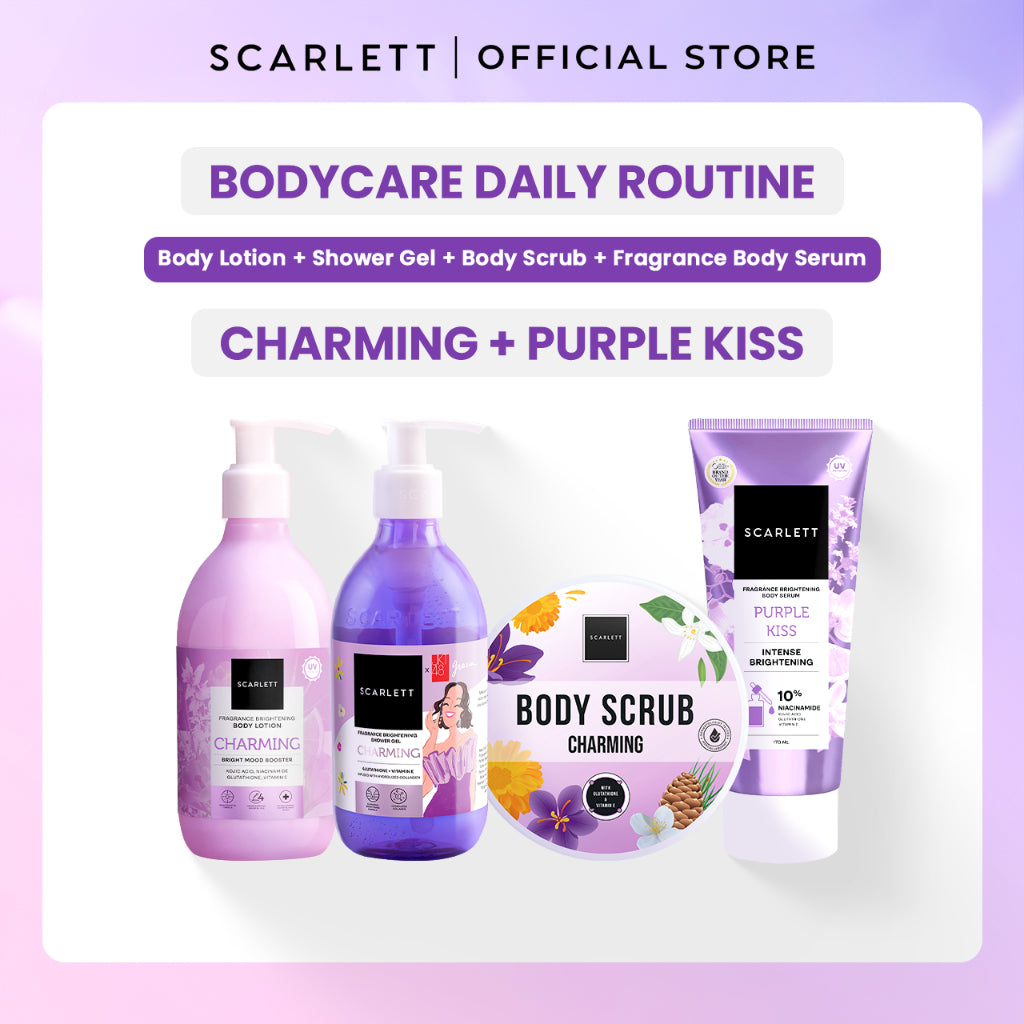 SCARLETT Top Picks Glow Body Care Series 5in1 Body Scrub + Shower Gel/Shower Scrub + Exfoliate + Body Serum + Body Lotion Paket Lengkap Fragrance Body Care | Aroma Wangi Mewah Tahan 12 Jam Mencerahkan Melembabkan Menutrisi Kulit