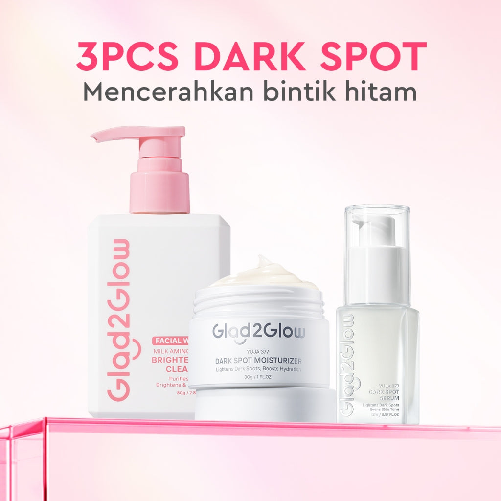 Glad2Glow bundle 3in1 paket Skincare- Moisturizer+Serum+Cleanser- Face Wash  Glowing Kit Dark Spot Acne Kit Mencerahkan warna kulit Menghilangkan jerawat Anti penuaan kulit halus Mencerahkan bintik hitam Beauty Sets & Packages g2glow official store