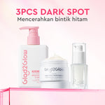Glad2Glow bundle 3in1 paket Skincare- Moisturizer+Serum+Cleanser- Face Wash  Glowing Kit Dark Spot Acne Kit Mencerahkan warna kulit Menghilangkan jerawat Anti penuaan kulit halus Mencerahkan bintik hitam Beauty Sets & Packages g2glow official store