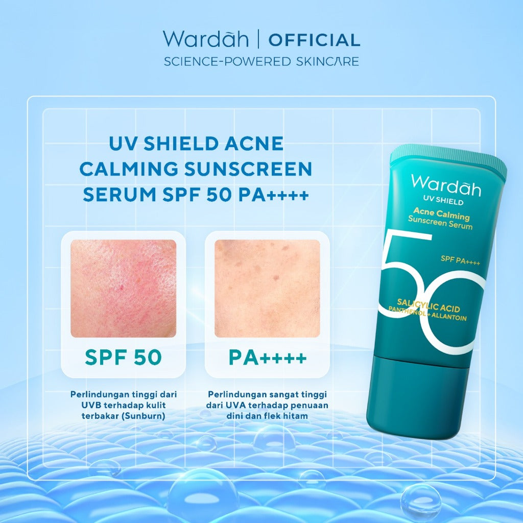 WARDAH UV Shield Acne Calming Sunscreen Serum SPF 50 PA 25ml 40 ml 100ml Sunscreen Wajah Meredakan Jerawat Ringan Mudah Meresap Calming and Repair Boosting Skincare
