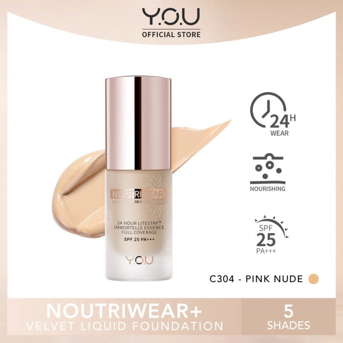 YOU 24H NoutriWear+ Velvet Liquid Foundation SPF Alas Bedak Perawatan Wajah Tahan Lama 24 Jam Full Coverage Kosmetik