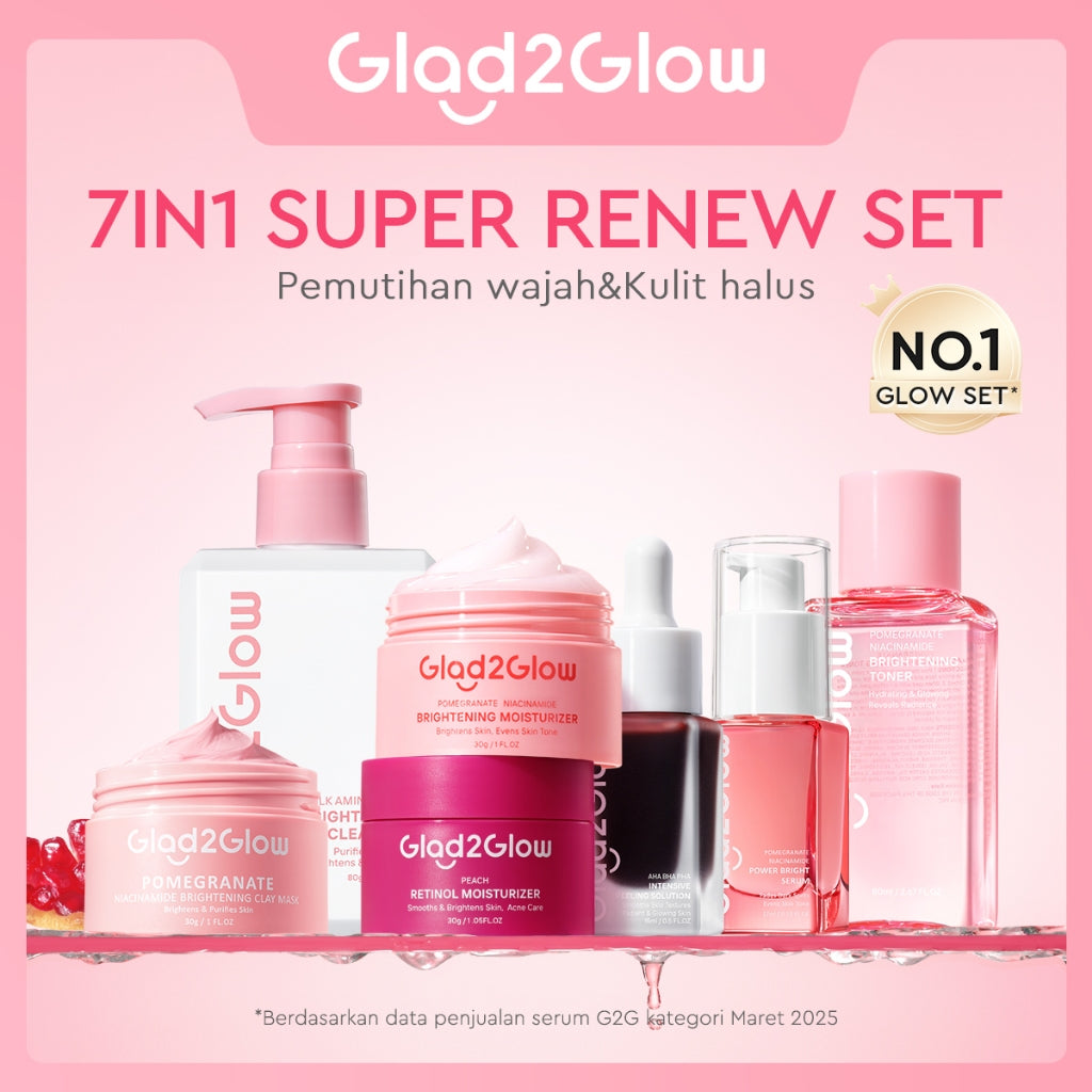 [Cocok Untuk Pemula] Glad2Glow Cerah Glowing Bundle all in 1 7in1-Brightening Moisturizer+Serum+Cleanser+toner+Peeling solution+Retinol 10%Niacinamide skincare paket pembersih perawatan kulit mencerahkan warna kulit pelembab wajah g2glow official store