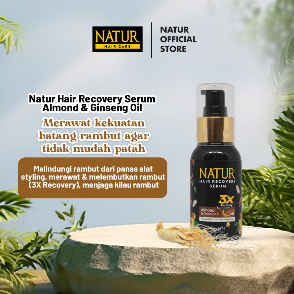 Natur Hair Recovery Serum Almond & Ginseng Oil 60 ml - Paket Menguatkan Akar Rambut Rontok / Anti Hair Fall