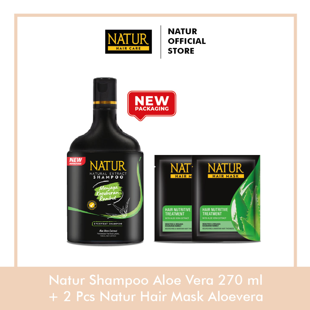 Natur Shampoo Aloe Vera 270 ml + 2pc Natur Hair Mask Aloe Vera - Paket Perawatan Melebatkan Rambut & Tebal