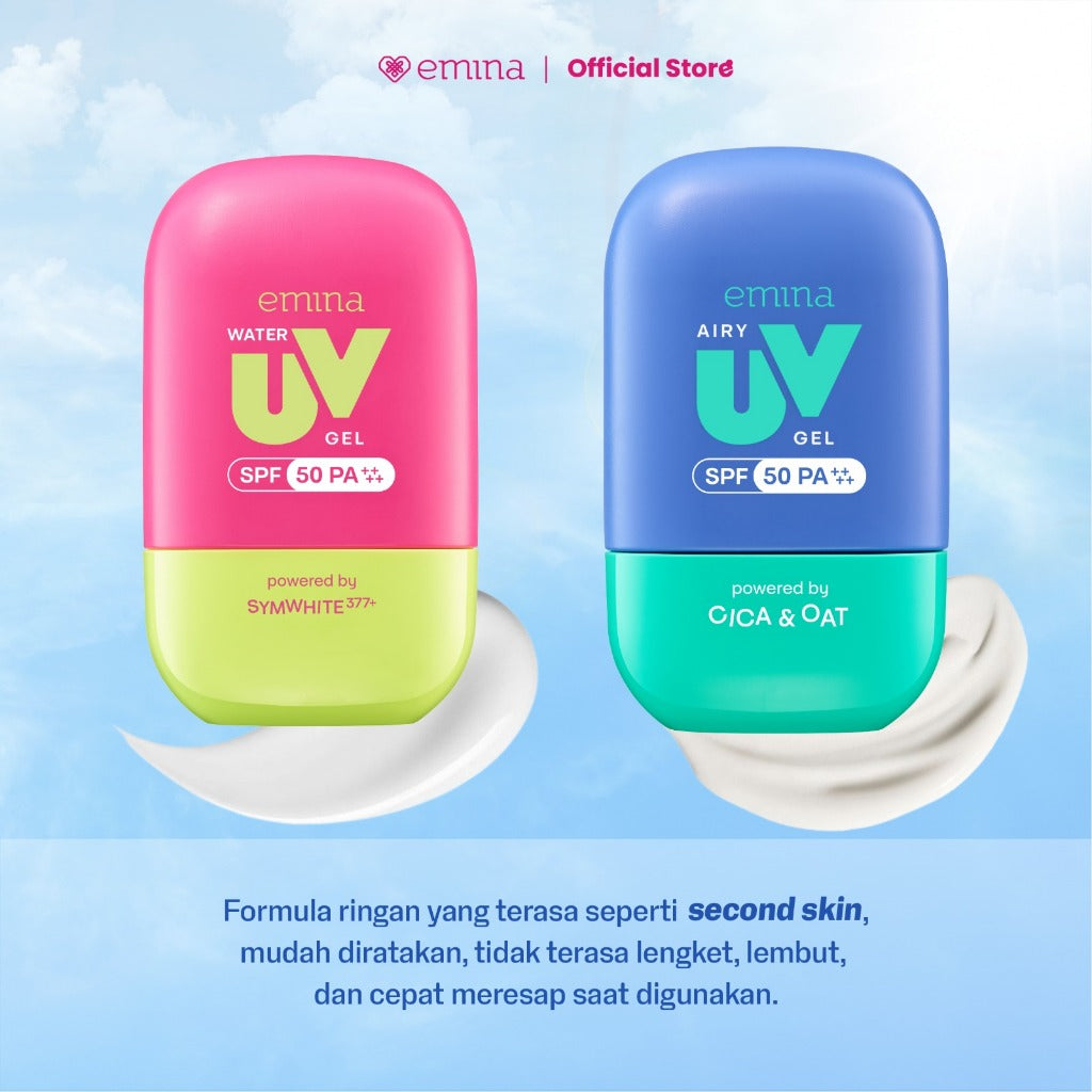 [SPECIAL 11.11] NEW! Emina UV Gel Sunscreen SPF 50 PA++++ Series - Sunscreen Wajah, Sunscreen Gel, Melindungi dari Sinar UV, No Whitecast, No Comedogenic, Cepat Menyerap, Lembut, Mencerahkan, Melembapkan, Mengandung Symwhite 377+, Cica, Oat, Cocok Untuk S