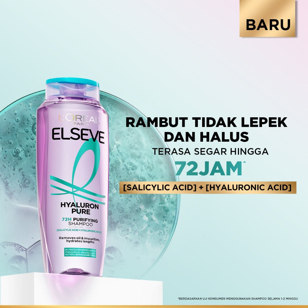 [BARU] L'Oreal Paris Hyaluron Pure 72H Purifying Shampoo - Perawatan Rambut Bebas Lepek dan Rambut Halus tahan hingga 72jam - Shampoo 280ml - Kulit Kepala Berminyak dan Rambut Kering