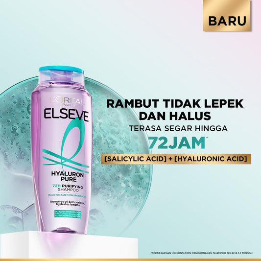 [BARU] L'Oreal Paris Hyaluron Pure 72H Purifying Shampoo - Perawatan Rambut Bebas Lepek dan Rambut Halus tahan hingga 72jam - Shampoo 280ml - Kulit Kepala Berminyak dan Rambut Kering