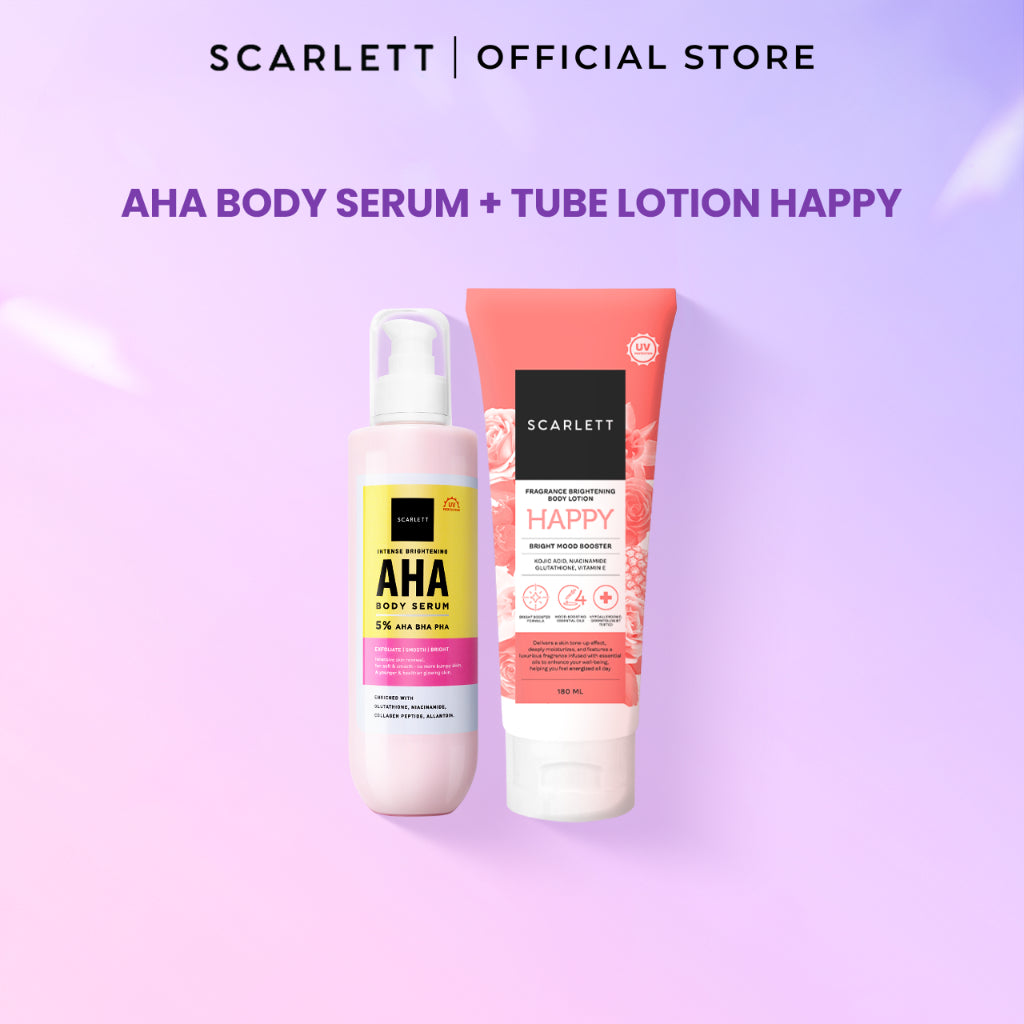 SCARLETT Bundle Intense Brightening AHA Body Serum + Fragrance Brightening Body Lotion Bright Mood Booster 5% AHA BHA PHA +4 Essential Oils 3x Brightening Power | Intense Membantu Mencerahkan Kulit Meratakan Warna Kulit Menenangkan Wangi Tahan Seharian