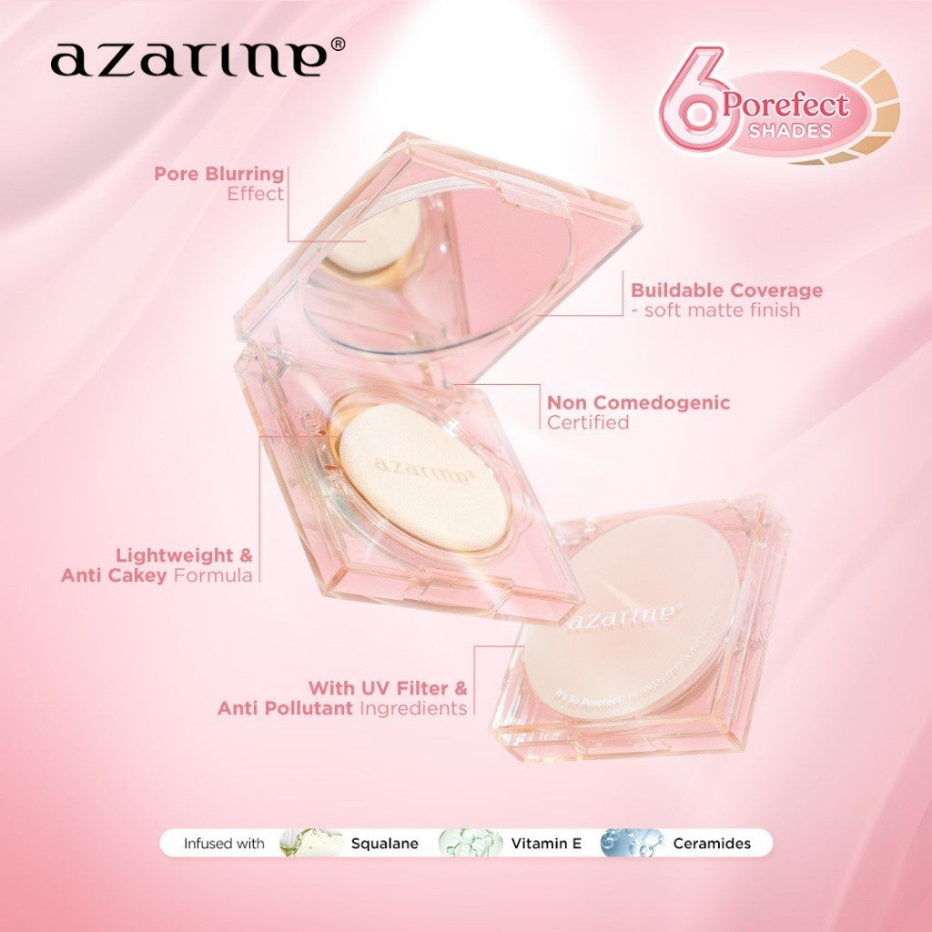 Azarine Porefect Matte Set [2 PCS] Covermatte Cushion + Powder Foundation TWC Base Makeup Matte Anti Badai untuk Kulit Berminyak Cushion Tahan Lama Flawless Matte Finish Lightweight Makeup Easy Application Buildable Coverage