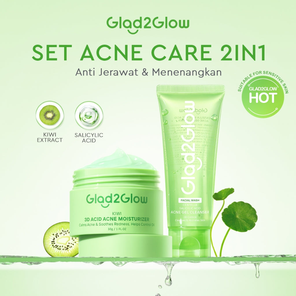 Glad2Glow Acne bundle 2in1 paket Skincare-Moisturizer+Serum+Cleanser+Toner+Skincare Set Beauty Sets & Packages Menghilangkan jerawat  Menenangkan kemerahan pada kulit Atur Minyak BerlebihMerawat Kulit g2glow official store