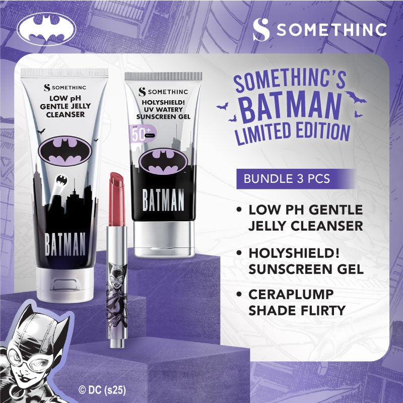 SOMETHINC [3 PCS] Skincare & Lip Care Batman Edition (Holyshied! UV Watery Sunscreen Gel, Low pH Gentle Jelly Cleanser, Ceraplump Tinted Lip Balm)