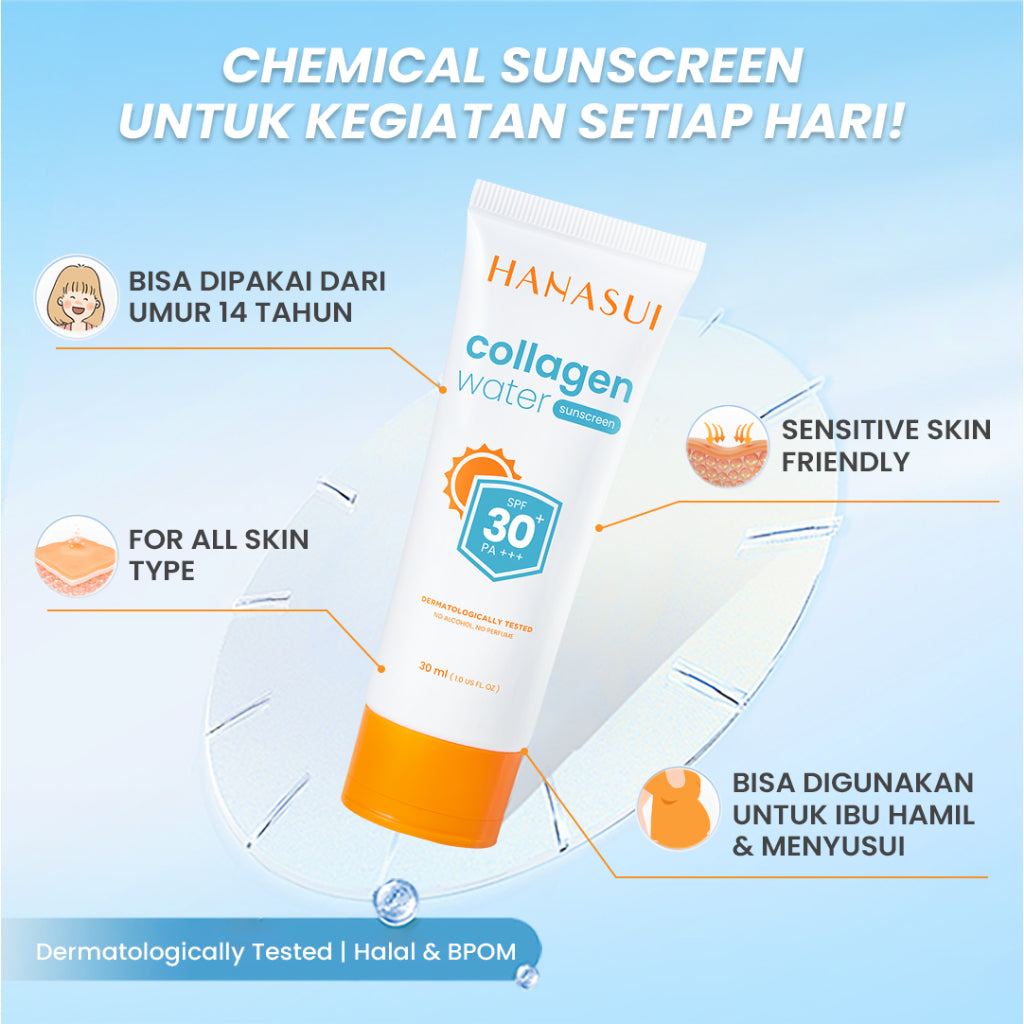 【5pcs Hemat】Hanasui Collagen Water Sunscreen - SPF 50 & SPF 30 - Ringan & Menenangkan Kulit No Whitecast Tidak Kusam Berminyak