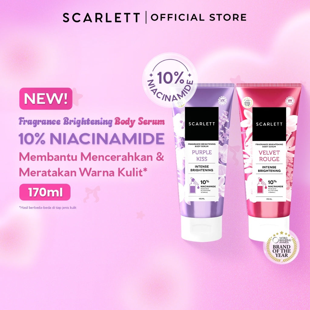 SCARLETT 10% NIACINAMIDE Fragrance Brightening Body Serum 170ml - Velvet Rouge & Purple Kiss | Intence Mencerahkan Melembabkan Meratakan Warna Kulit, Kulit Cerah Lembab Sehat dan Wangi Mewah Seharian | Solusi untuk Kulit Belang