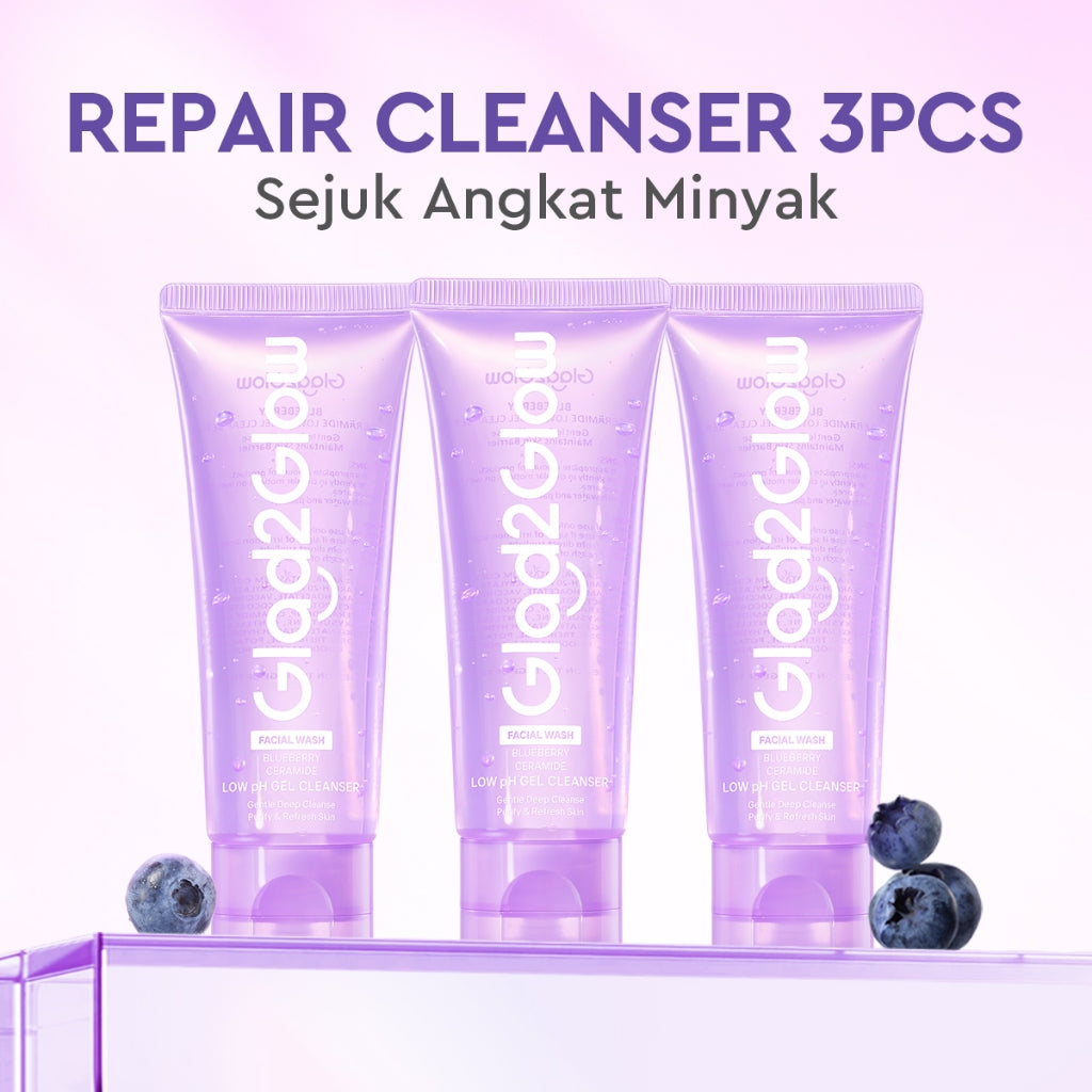 Glad2Glow Blueberry Ceramide Low pH Gel Cleanser facial wash skincare face wash sabun cuci muka cleansing balm exfoliating exfoliasi wajah sabun muka pembersih wajah Memperbaiki penghalang kulit tetap terhidrasi wajah G2G g2glow official store