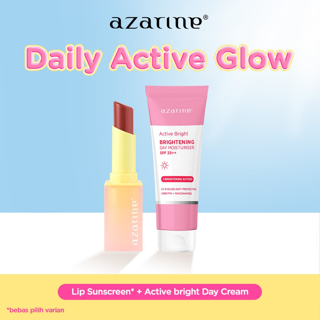 Azarine Daily Active Glow [2 PCS] Glowkiss Sunscreen Lip Balm + Active Bright Brightening Day Cream Pelembab Bibir SPF 35 PA +++ dengan Ceramide, Peptide, Vitamin C Membantu Mencerahkan Menghidrasi dan Melindungi Bibir dan Wajah dari Sinar UV