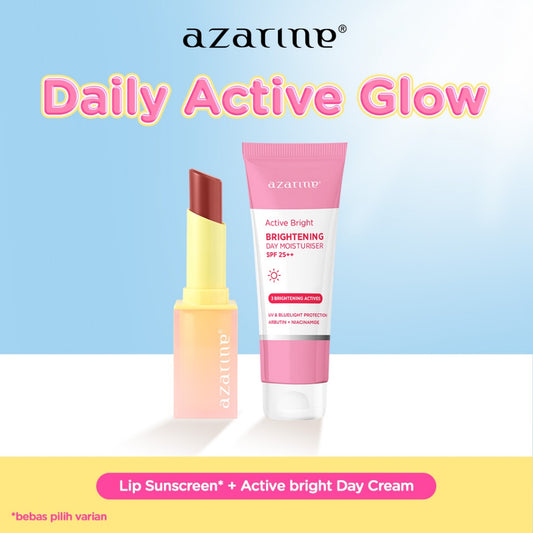 Azarine Daily Active Glow [2 PCS] Glowkiss Sunscreen Lip Balm + Active Bright Brightening Day Cream Pelembab Bibir SPF 35 PA +++ dengan Ceramide, Peptide, Vitamin C Membantu Mencerahkan Menghidrasi dan Melindungi Bibir dan Wajah dari Sinar UV