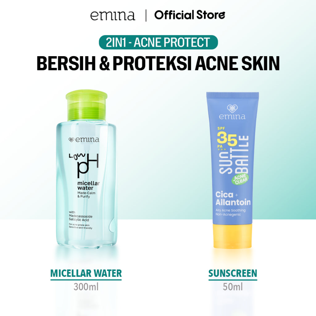 Emina Low pH Micellar Water  untuk Kulit Berminyak dan Berjerawat Sensitif 125ml & 300ml | Salicylic Acid Pembersih Wajah Gentle Makeup Remover Double Cleansing for Acne-Oily Prone Skin Oil Control Moisturizer Sunscreen Mencerahkan