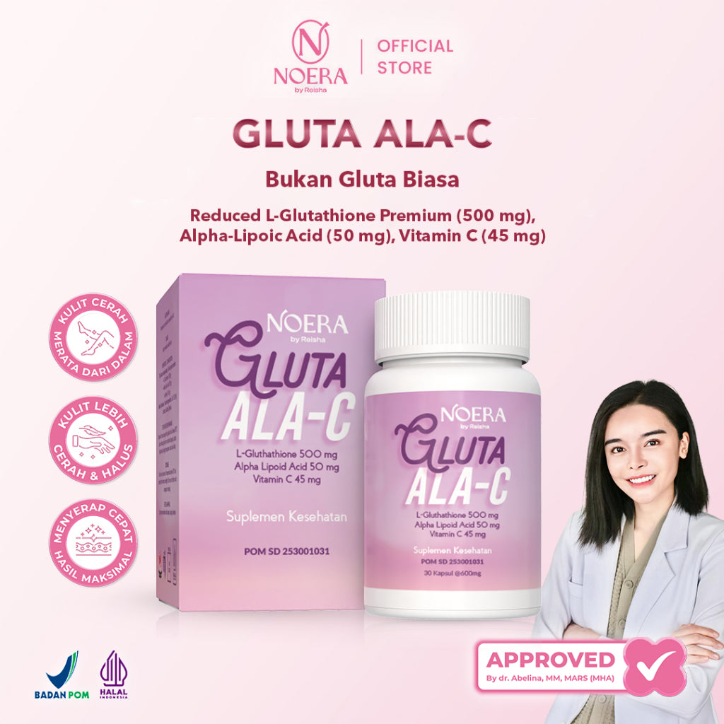 Noera Gluta ALA-C | Noera Suplement Whitening | Noera Whitening Capsule | L-Glutathione 500mg Alpha Lipolic Acid 50mg Vitamin C 45mg | Whitening Booster Suplemen Kecantikan