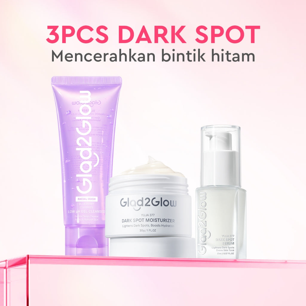 Glad2Glow bundle 3in1 paket Skincare- Moisturizer+Serum+Cleanser- Face Wash Glowing Kit Dark Spot Acne Kit Mencerahkan warna kulit Menghilangkan jerawat Anti penuaan kulit halus Mencerahkan bintik hitam Beauty Sets & Packages glad2glow official store