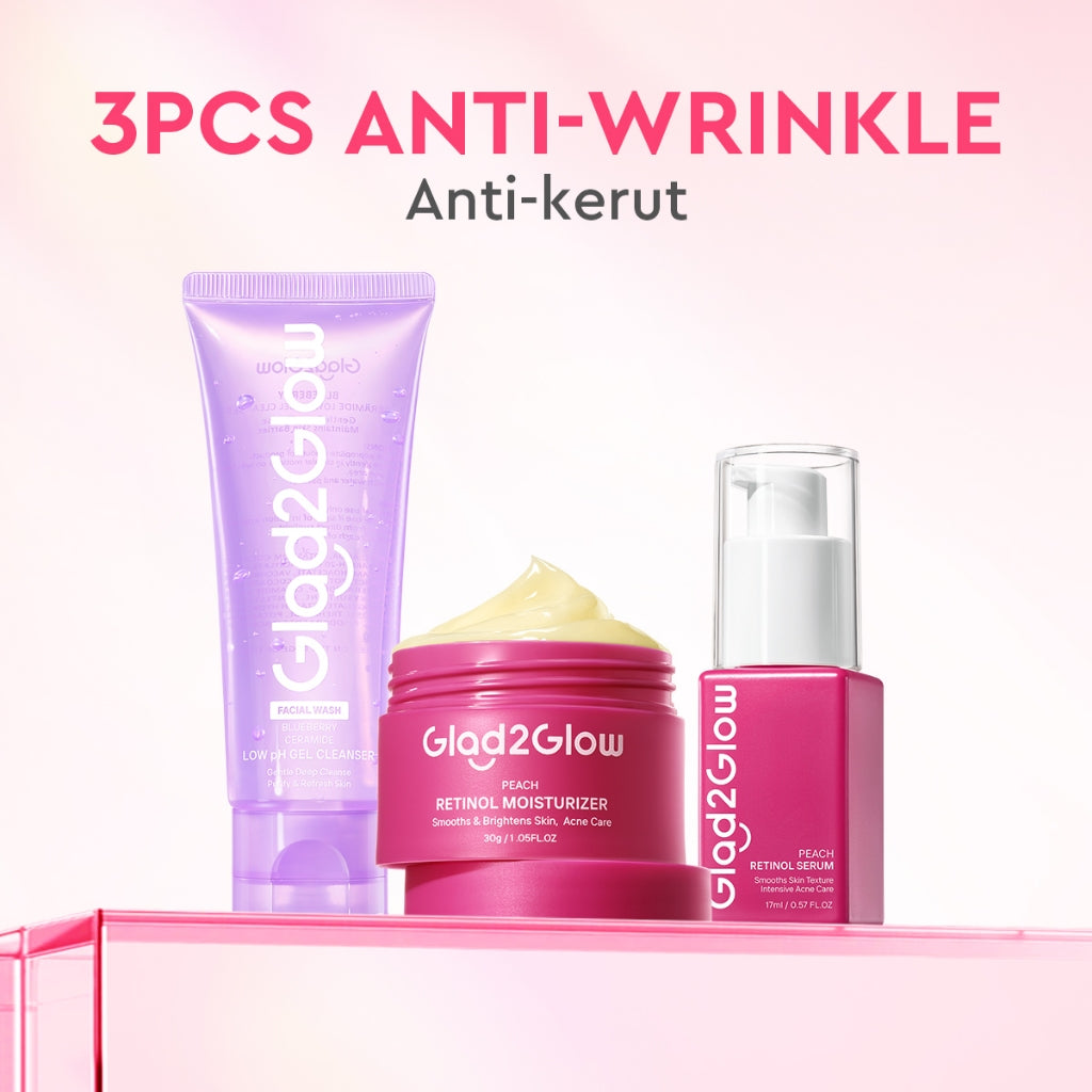 Glad2Glow bundle 3in1 paket Skincare- Moisturizer+Serum+Cleanser- Face Wash Glowing Kit Dark Spot Acne Kit Mencerahkan warna kulit Menghilangkan jerawat Anti penuaan kulit halus Mencerahkan bintik hitam Beauty Sets & Packages glad2glow official store