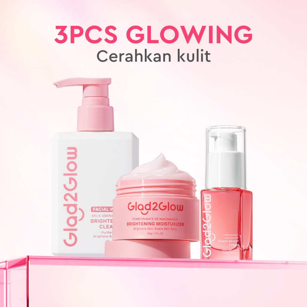 Glad2Glow bundle 3in1 paket Skincare- Moisturizer+Serum+Cleanser- Face Wash  Glowing Kit Dark Spot Acne Kit Mencerahkan warna kulit Menghilangkan jerawat Anti penuaan kulit halus Mencerahkan bintik hitam Beauty Sets & Packages g2glow official store