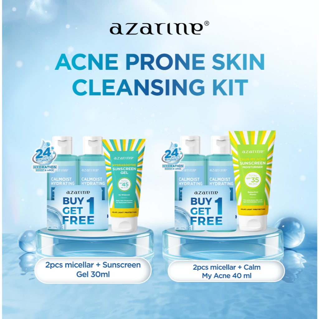 Azarine Acne Prone Skin Cleansing Kit [2 PCS] Calmoist Micellar Water + Sunscreen Best Seller untuk Semua Jenis Kulit Berjerawat Berminyak Pembersih Wajah Tanpa Residu Menghidrasi Kulit dan Tidak Pedih di Mata