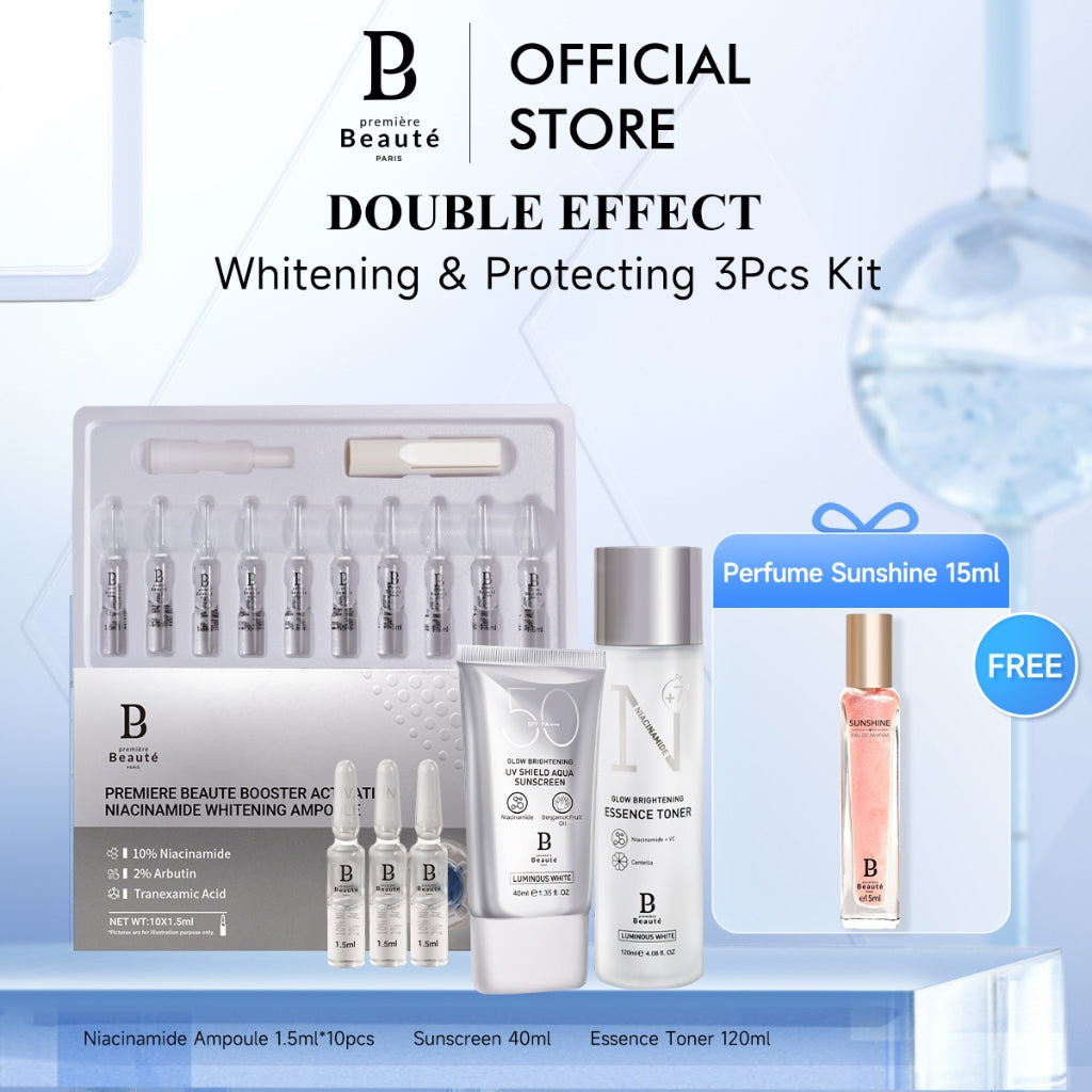 PREMIERE BEAUTE Brightening Moisturizing Niacinamide Whitening Double Effect Whitening & Protecting 3Pcs Kit  Ampoule /Sunscreen/toner/creasm
