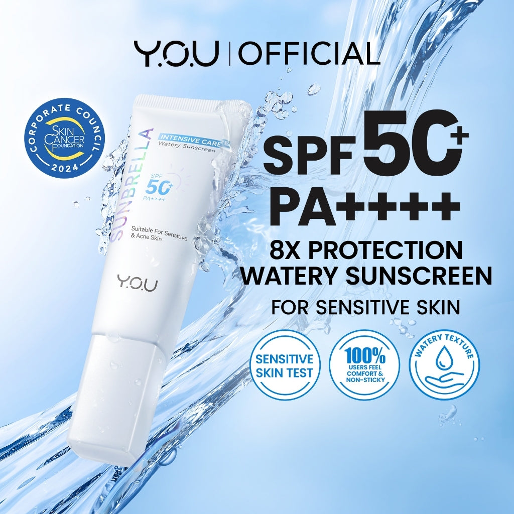 YOU Sunbrella Intensive Care Watery Sunscreen SPF50+ PA++++ Tabir Surya Kulit Sensitif 8X Protection Sensitive Acne Skin Friendly