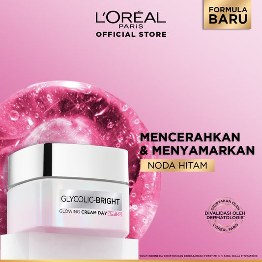L'Oreal Paris Glycolic Bright Glowing Day Cream SPF 17/30 - 15/50ml (Krim Siang  Pelembab Loreal Glyco Acid AHA Exfoliating Anti Dark Spot Wajah Peeling Muka)