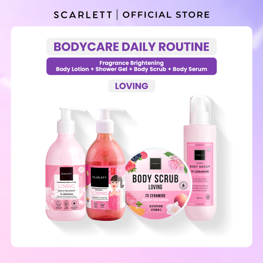 SCARLETT 4in1 Bodycare Daily Routine Body Scrub + Shower Scrub + Body Serum + Body Lotion Paket Sehari-hari Mencerahkan Kulit | Intense Mencerahkan Kulit Wangi Tahan Lama
