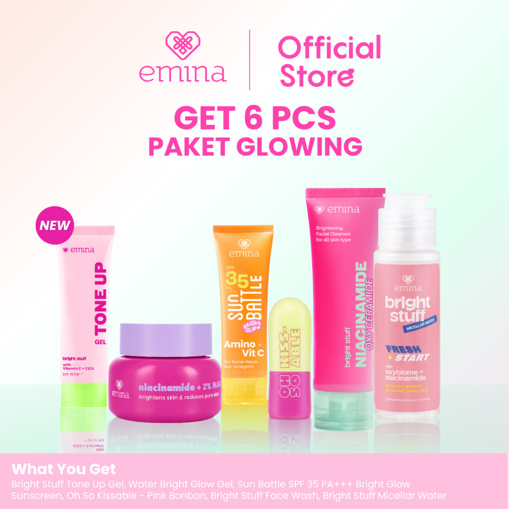 [Paket Glowing] Emina Get 7 - Glowing Set - Skin Barrier- Moisturizer, Face Wash, Sunscreen, Micellar Water, Tone Up Gel, Lip Balm Mencerahkan | Melembapkan, Menjaga Skin Barrier, Mencerahkan, Glowing, Melindungi dari sinar UV