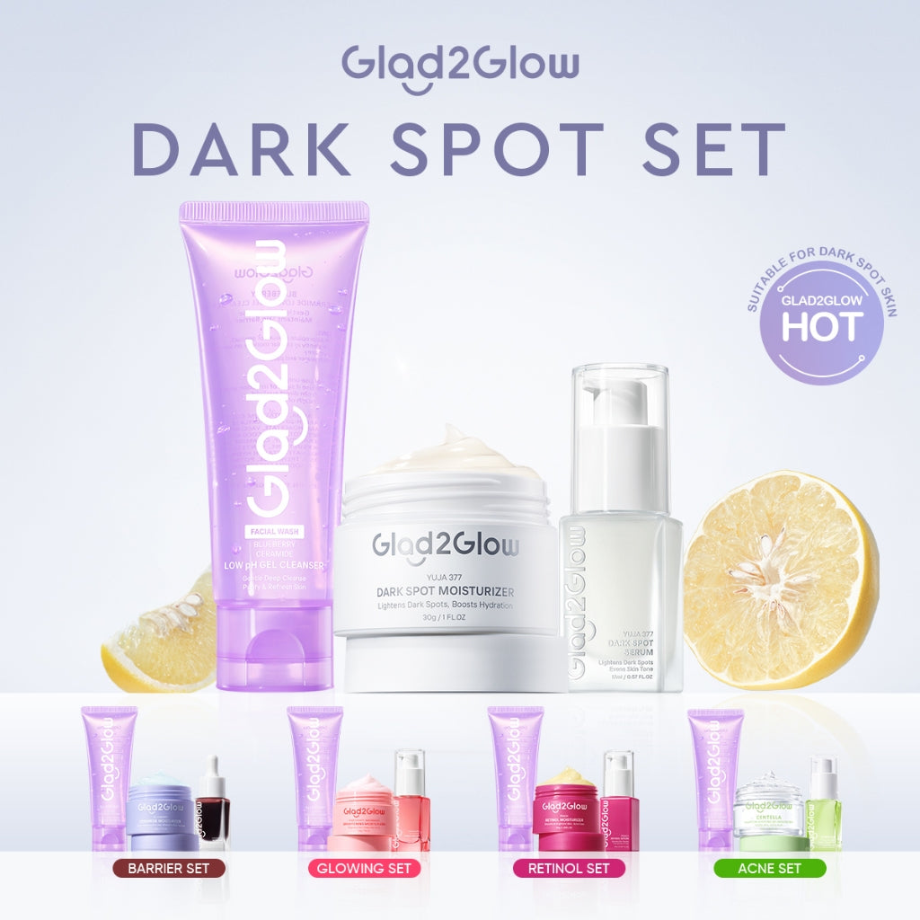 Glad2Glow bundle 3in1 paket Skincare- Moisturizer+Serum+Cleanser- Face Wash Glowing Kit Dark Spot Acne Kit Mencerahkan warna kulit Menghilangkan jerawat Anti penuaan kulit halus Mencerahkan bintik hitam Beauty Sets & Packages glad2glow official store