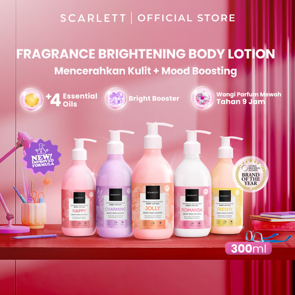 SCARLETT Fragrance Brightening Body Lotion Bright Mood Booster 300ml +4 Essential Oils 3X  Brightening Power | Solusi Untuk Kulit Kering | Menenangkan, Mencerahkan Kulit, Wangi Tahan Seharian