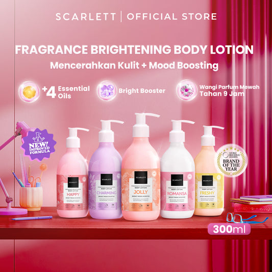 SCARLETT Fragrance Brightening Body Lotion Bright Mood Booster 300ml +4 Essential Oils 3X  Brightening Power | Solusi Untuk Kulit Kering | Menenangkan, Mencerahkan Kulit, Wangi Tahan Seharian