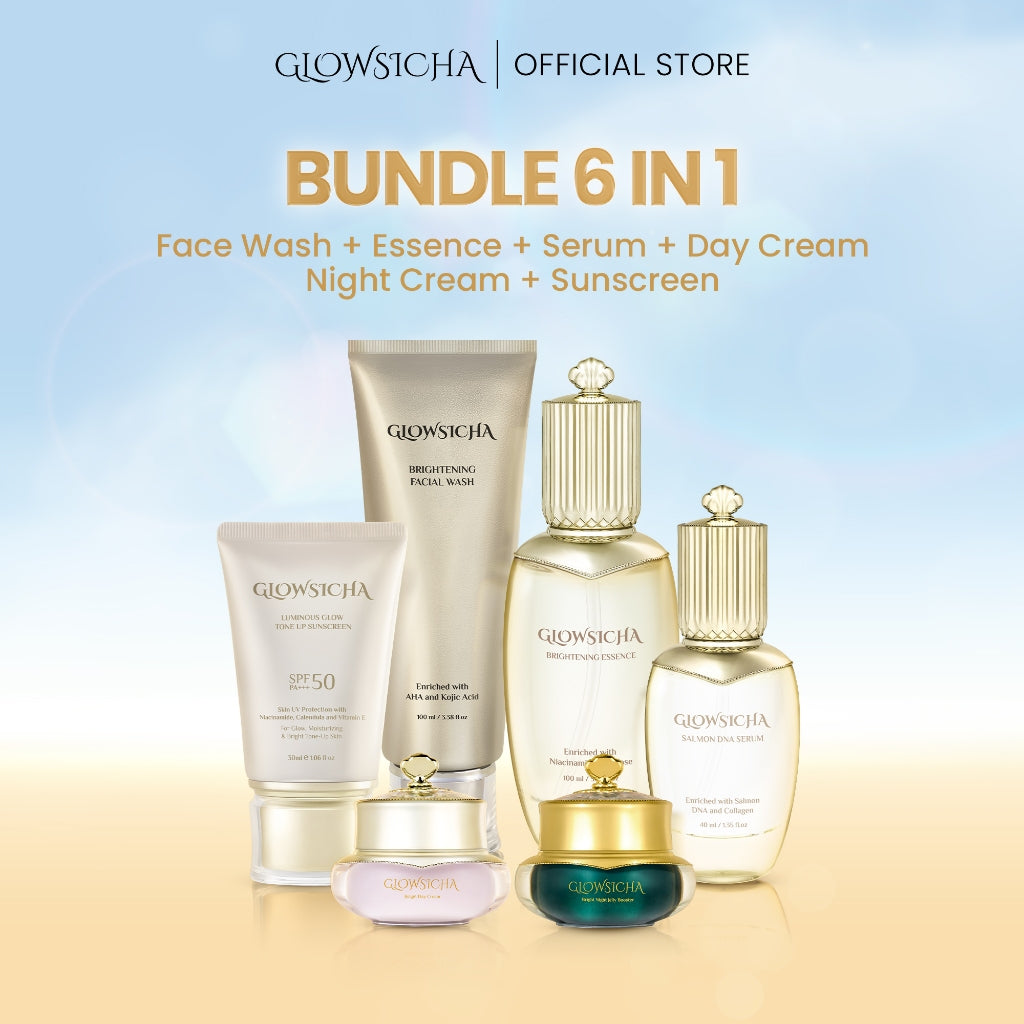 [FREE 2pcs Perfume] Glowsicha Bundle 6in1 (Facial Wash + Essence + Serum + Night Cream + Day Cream + Sunscreen) Skincare Lengkap Mencerahkan Melembabkan Wajah Glowing Cerah AHA Niacinamide Salmon DNA Collagen Toner Gel Krim Siang Malam