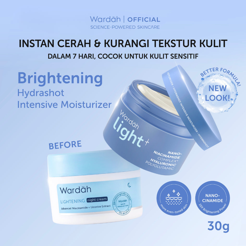 WARDAH Lightening Basic Mosturizer Kit - Day Cream, Night Cream, Face Toner - Pelembab Wajah & Hydrating Toner - Cerah, Glowing, Terlindungi, Lembap - Light+ Glowshot Day, Intensive Moisturizer, Face Toner - Skincare