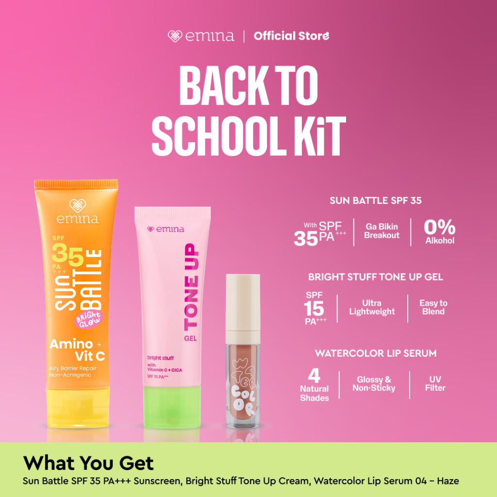 EMINA BACK TO SCHOOL KIT - (Lip Serum, Tone up Gel dan Sunscreen) SPF 35 - Mencerahkan, Melembapkan, Melindungi dari Sinar UV, Glowing, No Whitecast, No Acnegenic, Cocok untuk semua jenis kulit