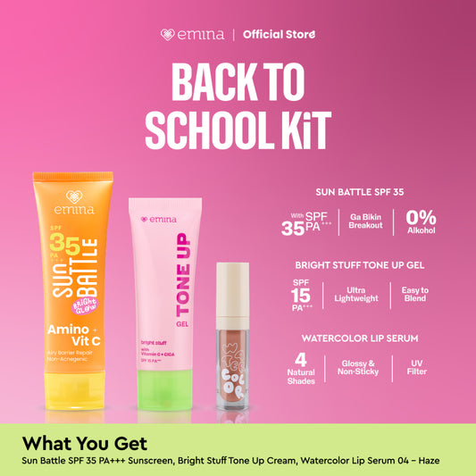 EMINA BACK TO SCHOOL KIT - (Lip Serum, Tone up Gel dan Sunscreen) SPF 35 - Mencerahkan, Melembapkan, Melindungi dari Sinar UV, Glowing, No Whitecast, No Acnegenic, Cocok untuk semua jenis kulit