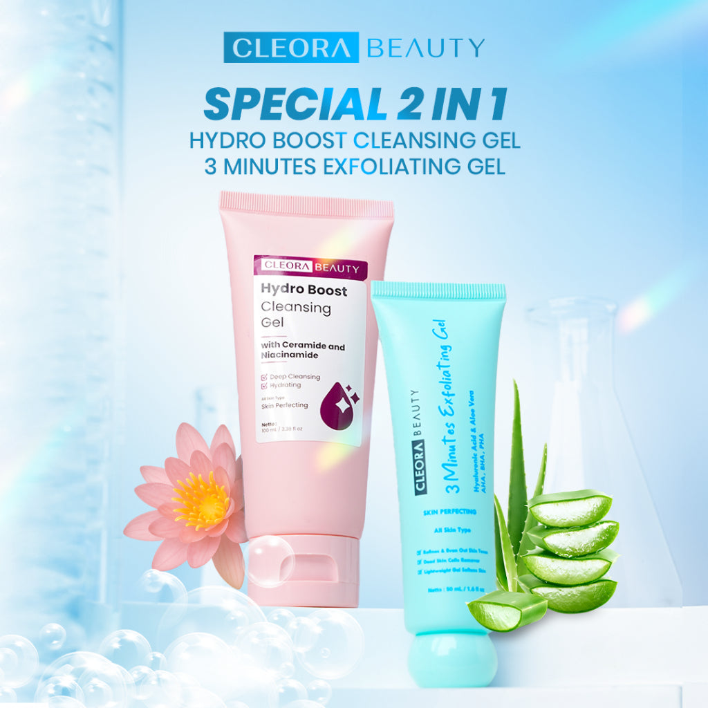 [ ] Cleora Whitening Bundle - Red Saviour Exfoliasi Peeling Solution Serum + Hydro Boost Cleansing Gel Face Wash Sabun Muka Pelambab Facial Wajah Skincare Pria Wanita Acne Brightening Mencerahkan Sel Kulit Mati Scincare Eksfoliasi Niacinamide
