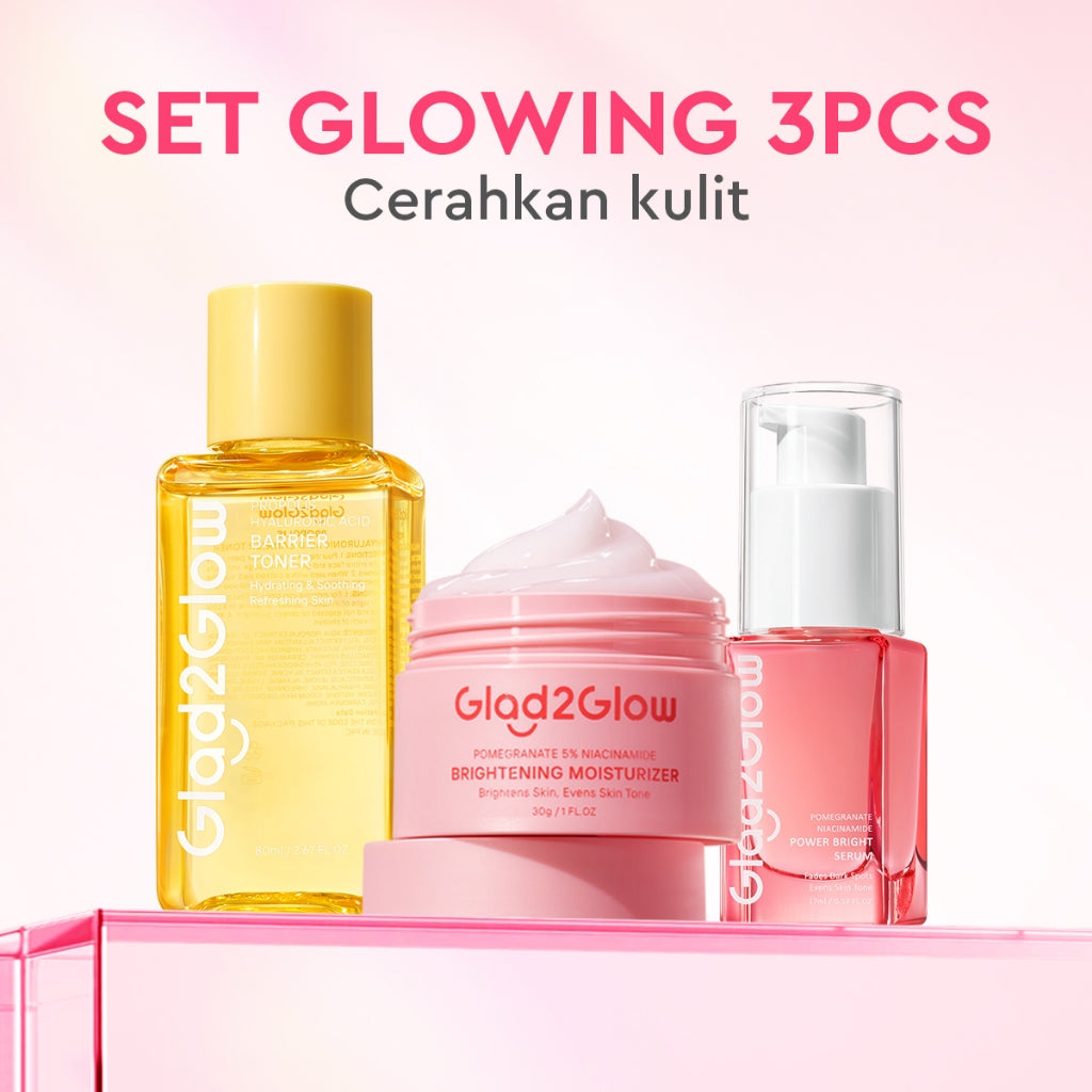 Glad2Glow 3pcs Paket Skincare- Moisturizer+Serum+Toner-Acne Kit Glowing Kit Dark Spot Barrier Bright bundle Beauty Sets Packages Mencerahkan warna kulit Menghilangkan jerawat penghalang perbaikan Mencerahkan bintik hitam Anti penuaang2glow official store