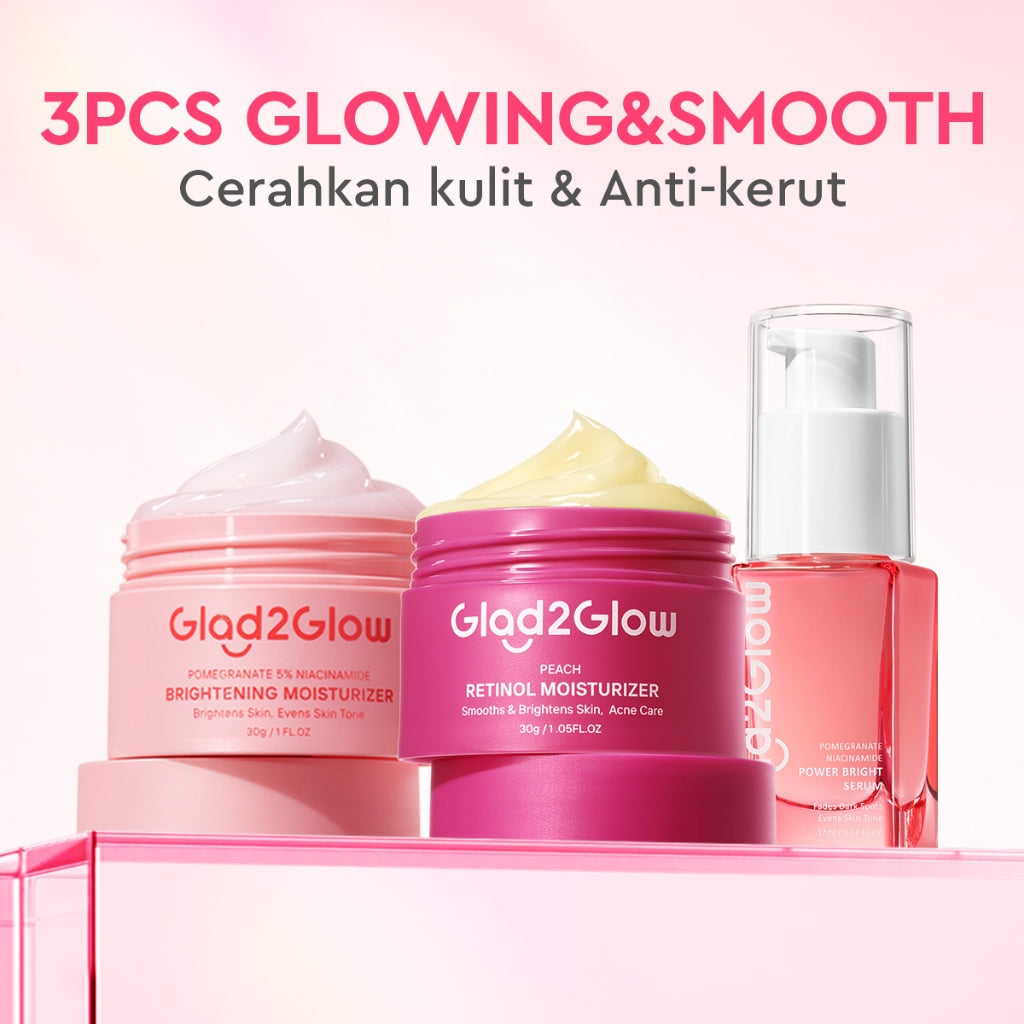 [ORDER NOW, HEMAT 30K]Glad2Glow Day & Night Renew Cerah Bundle Moisturizer+Serum Set Brightening 10%Niacinamide Peeling Eksfoliasi Retinol  tone up Pelembab Tubuh Kit Perawatan Kulit Hidrasi Delima Pelembab Wajah Pencerah Krim Gel g2glow official store