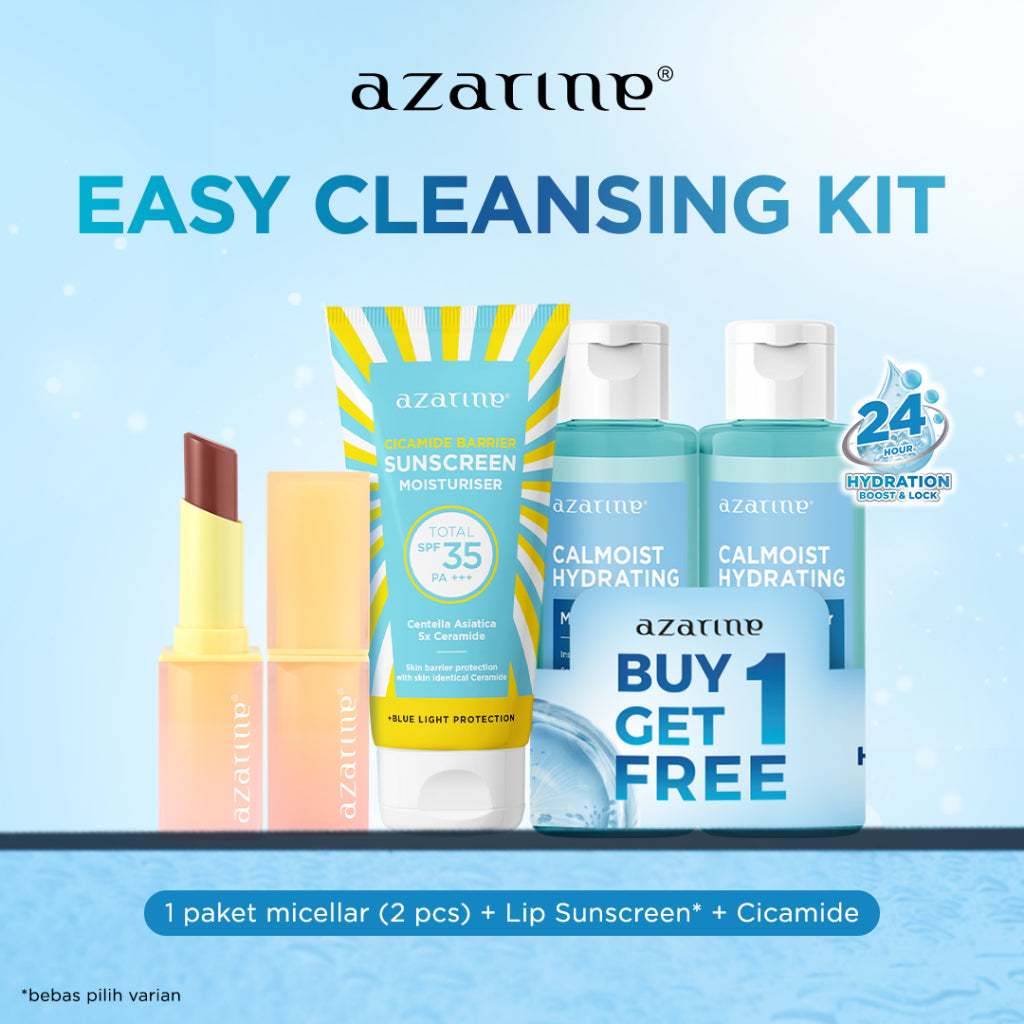 Azarine Easy Cleansing Kit [3 PCS] Calmoist Micellar Water + Lip Sunscreen Pelembab Bibir SPF 35 PA +++ & Sunscreen Best Seller SPF35 PA +++ untuk Semua Jenis Kulit Pembersih Wajah Tanpa Residu Menghidrasi Kulit dan Tidak Pedih di Mata