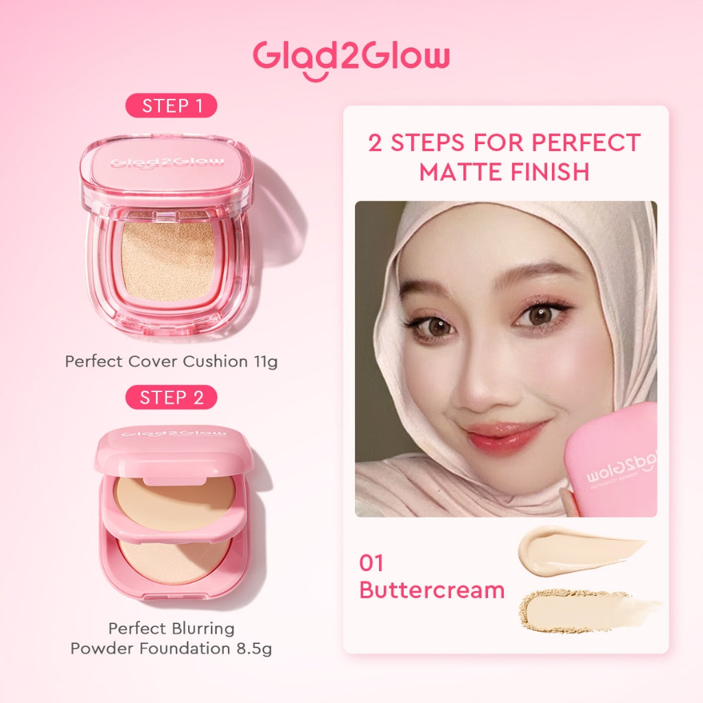 [ORDER NOW, HEMAT 35K]Glad2Glow Perfect Blurring Powder Foundation&Perfect Cover Cushion foundation  Setting waterproof Concealer Oil-Control matte Sweatproof Finish Poreless Highlighting Contouring Refill two way cake BB CC makeup g2glow official store