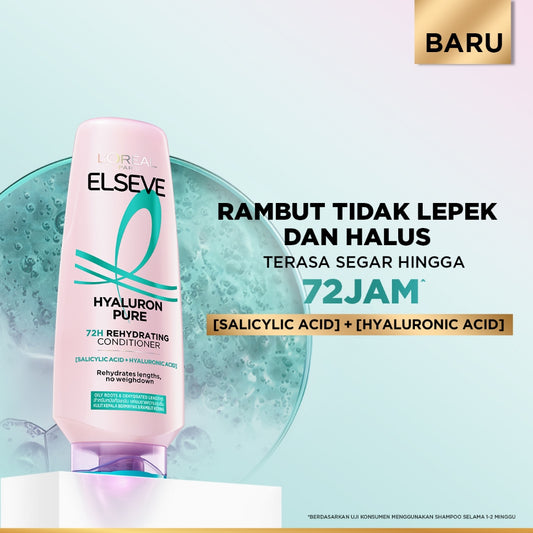 [BARU] L'Oreal Paris Hyaluron Pure 72H Rehydrating Conditioner - Perawatan Rambut Bebas Lepek dan Rambut Halus tahan hingga 72jam -  265ml - Kulit Kepala Berminyak dan Rambut Kering