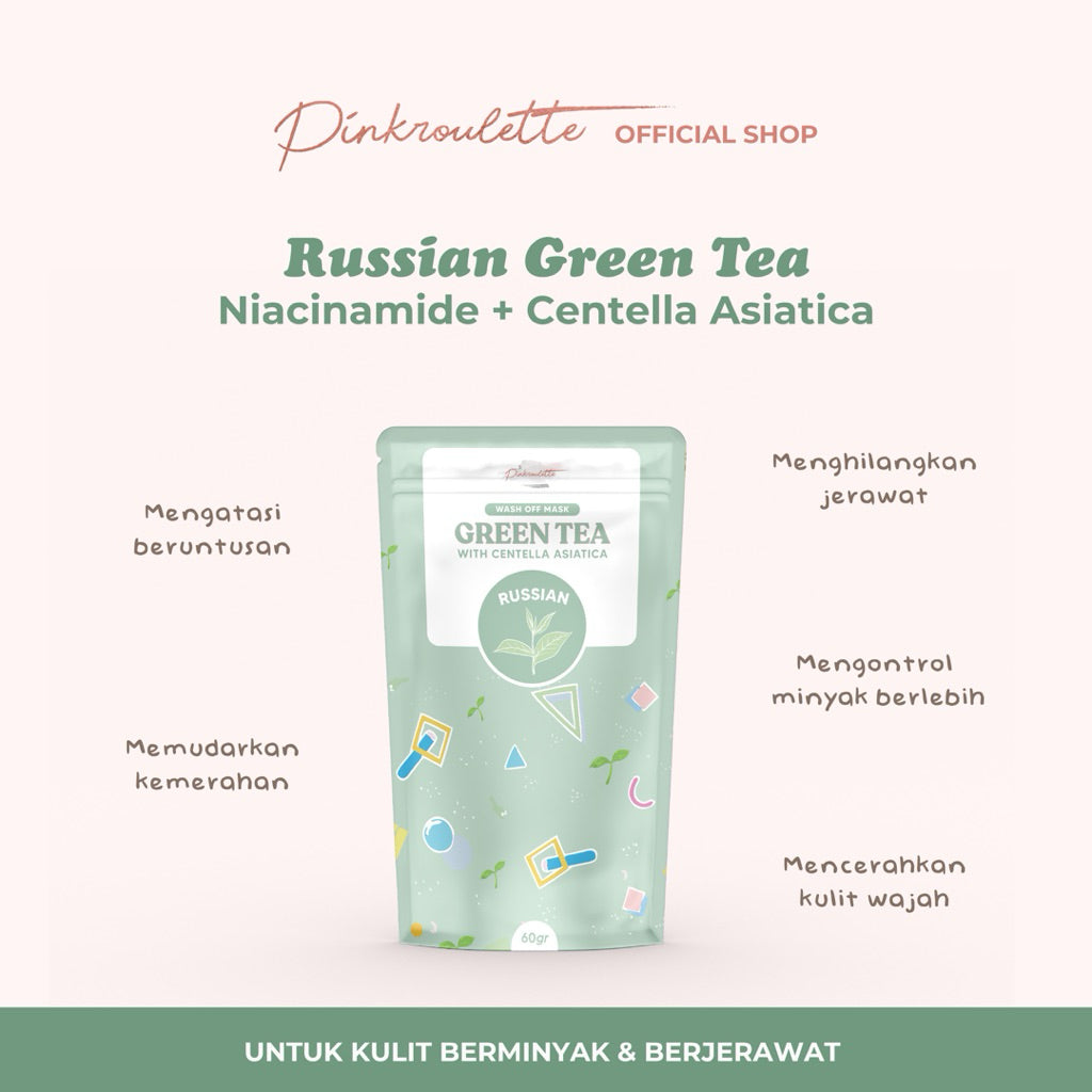 Masker Russian Greentea by PinkRoulette | Masker Wajah Organic Menghilangkan Jerawat & Bruntusan serta Oily Skin
