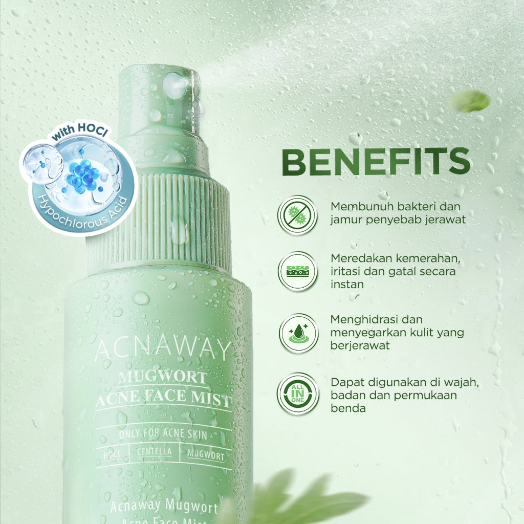 ACNAWAY Mugwort Acne Face Mist Spray – Antiseptik Wajah Jerawat dengan HOCl + Centella + Mugwort | Mencegah Breakout, Redakan Kemerahan, Melembabkan | Face Mist Anti Bakteri untuk Wajah Berjerawat & Sensitif