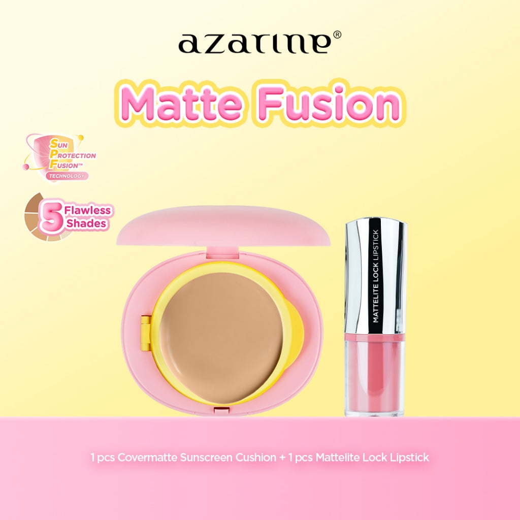 Azarine Matte Fusion Set [2 PCS] Covermatte Cushion + Mattelite Lock Lipstick Pigmented Color Lightweight Transferproof Smudgeproof Cushion Tahan Lama Flawless Matte Finish Lightweight Makeup Easy Application Buildable Coverage